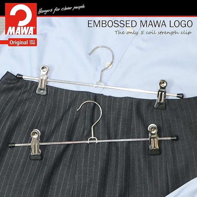 Mawa by Reston Lloyd Non-Slip Space-Saving Clothes Hanger For Pants & Skirts with Two Non-Slip Clips, Style K/30D, 12-Inch, Set of 10, Black