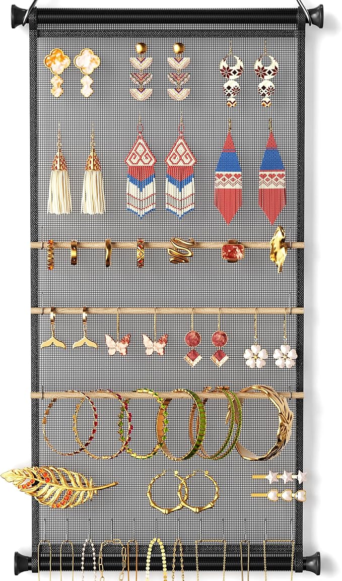Mesh Earring and Necklace Holder Wall Hanging with Wooden Rods and Hooks, Jewelry Display