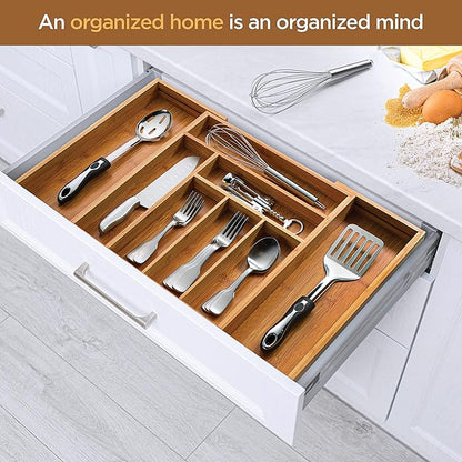 Bambüsi Bamboo Expandable Drawer Organizer for Utensils - Adjustable Cutlery Tray with Dividers for Silverware, Flatware, and Knives in Kitchen, Bedroom, or Living Room Storage Organization