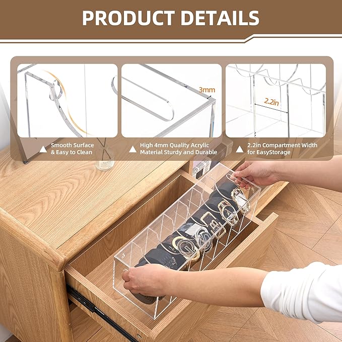 Acrylic Belt Organizer with Dust Cover – Clear Belt Rack & Storage Box, 7-Compartment Belt Holder for Closet, Drawer or Wall Mount – Space Saving Tie & Accessory Organizer for Men & Women