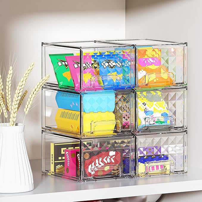 Delamu Stackable Storage Drawers, Makeup, Baby Bottle and Bathroom Cabinet Organizer, Plastic Drawer Organizer for Undersink, Cabinet, Vanity, Kitchen, Pantry, Ideal Gifts for Women, Clear, 4 Pack