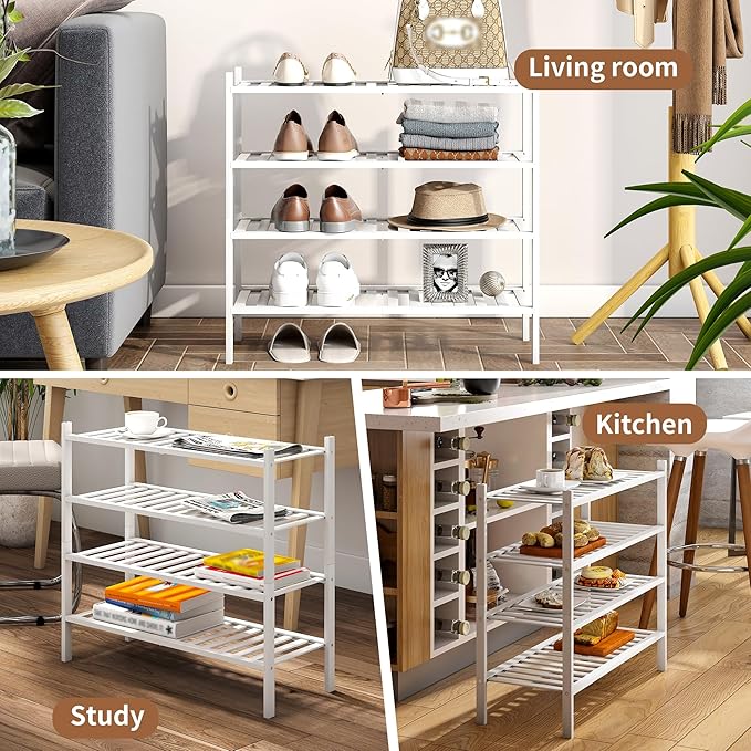 Bamboo Shoe Rack Stackable Shoe Shelf Storage Organizer for Unit Entryway Hallway and Closet Sturdy Freestanding Shoe Shelf(4 Tier White)