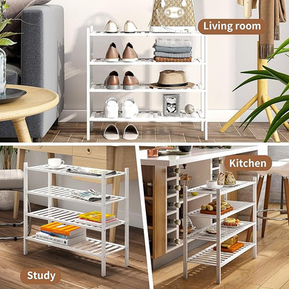 Bamboo Shoe Rack Stackable Shoe Shelf Storage Organizer for Unit Entryway Hallway and Closet Sturdy Freestanding Shoe Shelf(4 Tier White)