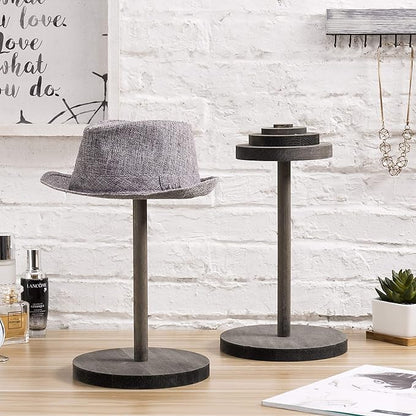 MyGift 2 Pcs Hat Holder Stand, Cowboy Hat Rack, Baseball Cap Organizer Storage, Wig Helmet Display Stand for Home, Salon, Entryway or Retail, Vintage Gray Solid Wood with Stacked Circular Discs Dome