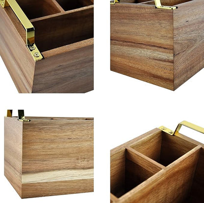 Acacia Wood Flatware Caddy - 4 Compartment Silverware Utensil Holder with Golden Metal Handles - 10" W x 6" D x 6.5" H, 2 lbs