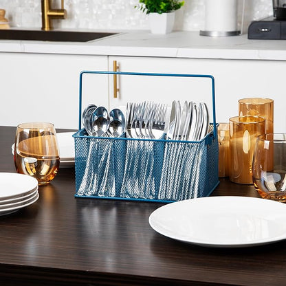 Mind Reader Multi-purpose Storage Caddy with Handle, Desktop Organizer, Cutlery Holder, 4 Compartments, Metal Mesh, Turquoise