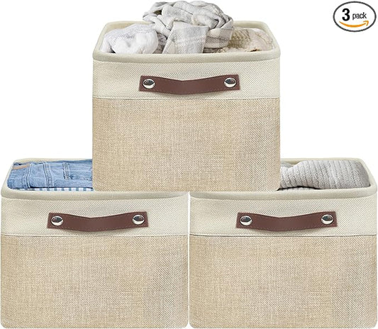 Simple Houseware 15" x 11" Large Fabric Storage Bin for Closet and Shelves, Leather Like Handles, 3 Pack, Beige