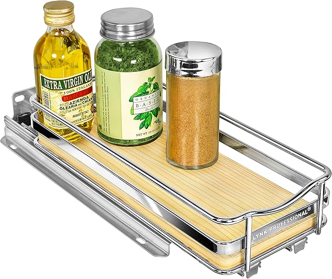 LYNK PROFESSIONAL® Élite™ Pull Out Spice Organization for Cabinets - 4-3/8 inch Wide – Spice Rack for Inside Cabinets – Wood/Chrome - Sliding Spice Rack Organizer for cabinet – Spice Rack - 1 Tier