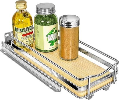 LYNK PROFESSIONAL® Élite™ Pull Out Spice Organization for Cabinets - 4-3/8 inch Wide – Spice Rack for Inside Cabinets – Wood/Chrome - Sliding Spice Rack Organizer for cabinet – Spice Rack - 1 Tier