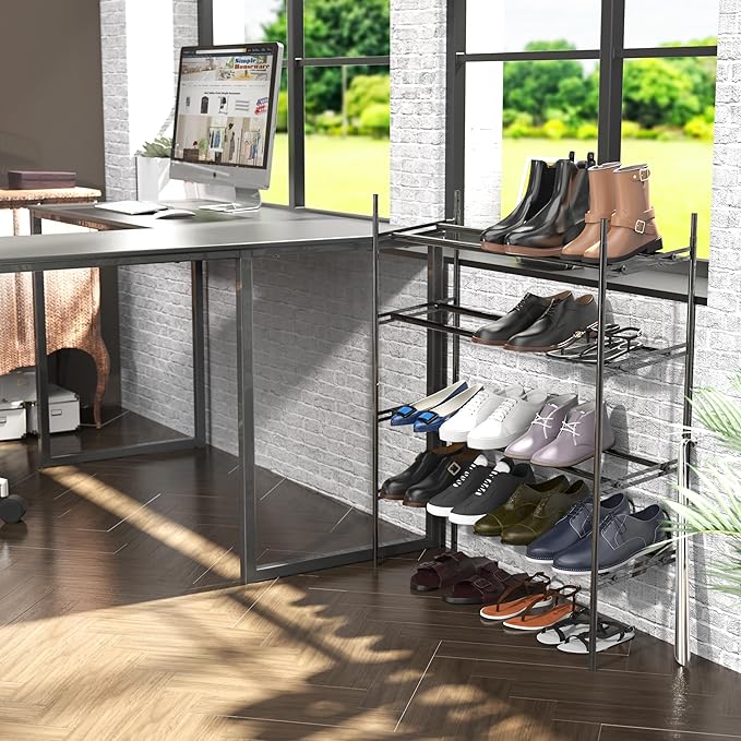 Simple Houseware Space-Saving 4-Tier Shoe Rack - Expandable & Stackable Metal Footwear Organizer for Entryway or Closet, Black