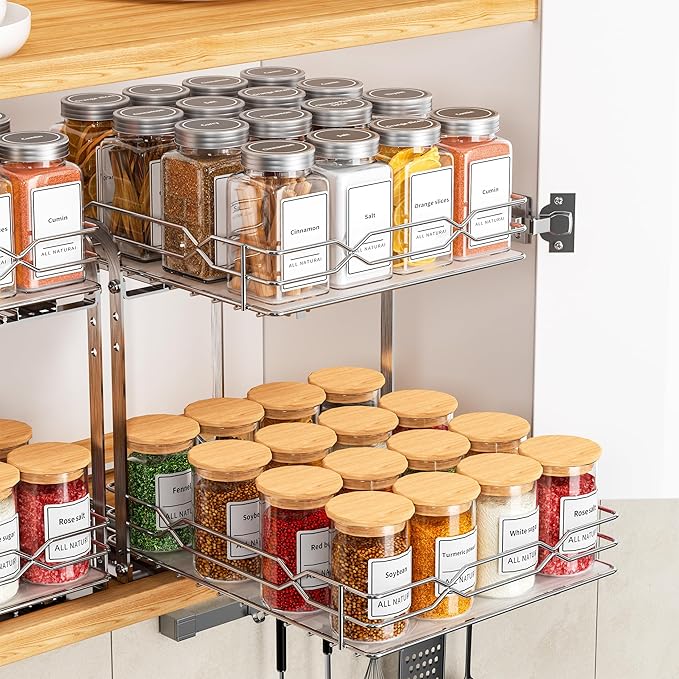 BOIVSHI Pull Out Spice Rack, 2 Tier Spice Organization for Cabinet, Heavy Duty Spice Rack, 9-1/4 inch Wide - Spice Racks for Inside Cabinets, Kitchen, Pantry - Chrome, 9.25”W x 10.39”D x 9.76”H