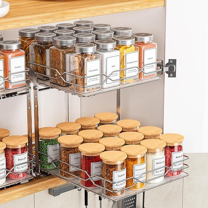 BOIVSHI Pull Out Spice Rack, 2 Tier Spice Organization for Cabinet, Heavy Duty Spice Rack, 9-1/4 inch Wide - Spice Racks for Inside Cabinets, Kitchen, Pantry - Chrome, 9.25”W x 10.39”D x 9.76”H
