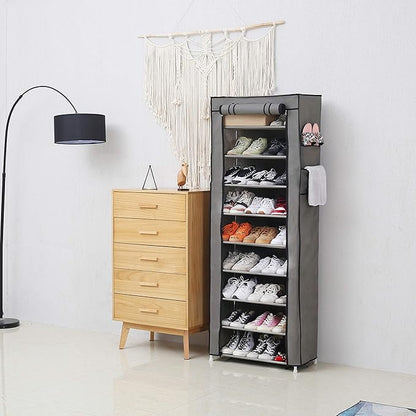 PENGKE 9-Shelf Shoe Organizer with Dust Cover - Closet shelf for up to 27 pairs of shoes - Designed for doorways, hallways, balconies, living rooms - Gray
