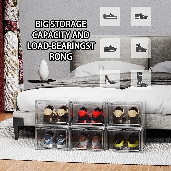 YIIHAA 6 Pack X Large Shoe Storage Box, hicken Sturdy Hard Plastic Clear Stackable Sneaker Shoe Rack for Size 6, Easy Assembly Storage Organizer, Holder Sneaker Container (Transparent, 6)