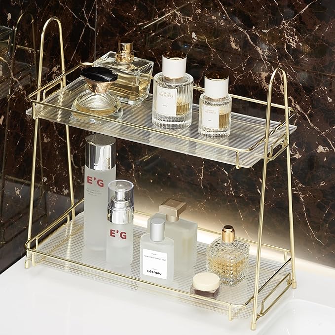 Edergoo Bathroom Organizer Countertop, 2 Tier Bathroom Counter Organizer Tool-Free 10S Assembly, Acrylic Countertop Organizers Shelf for Vanity Dresser Skincare Kitchen Storage