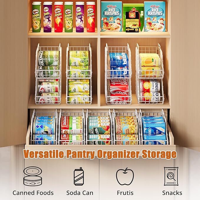 Can Storage Organizer Pantry, Stackable Kitchen Canned Food Holder With Handles, Can Organizer For Pantry Countertop Cabinet, Beverage Drink Pop Soda Can Dispenser Patent Pending (White, 4 Pack)