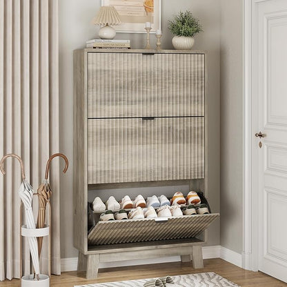 Xixini Shoe Cabinet with 3 Flip Drawers, 54" Tall Narrow Fluted Shoe Storage Organizer for Entryway, Hidden Slim Wooden Shoe Rack Cabinet for Front Door Entrance, Hallway, Living Room, Light Grey