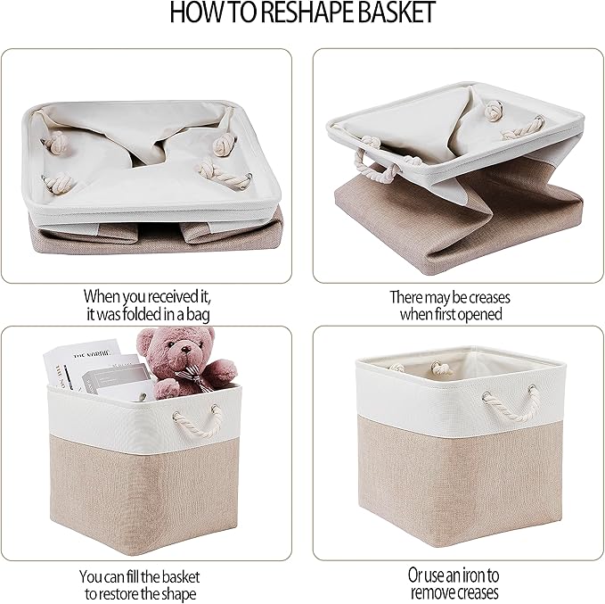 MidmmVick 13 x 13 Inch Cube Storage Bins, 4 Pack Large Collapsible Fabric Storage Bin with Ropes, Foldable Storage Cubes for Home, Office,Closet, Clothes, Toys Organizer (White & Beige)
