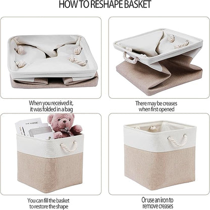 MidmmVick 13 x 13 Inch Cube Storage Bins, 4 Pack Large Collapsible Fabric Storage Bin with Ropes, Foldable Storage Cubes for Home, Office,Closet, Clothes, Toys Organizer (White & Beige)