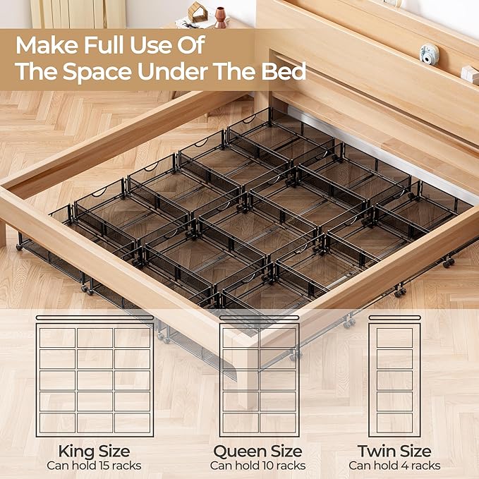 Yecaye Under Bed Storage with Wheels, 4 Pack Under Bed Shoe Storage Organizer Drawer, Tool-free Assembly Metal Underbed Storage Containers for Clothes, Shoes, Toys, Black