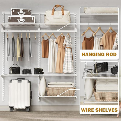 Closet System Wall Mounted 2 Ft, Heavy Duty Adjustable Wire Shelving with Hanging Rod, Custom Organizer Kit for Bedroom Laundry Mudroom, White