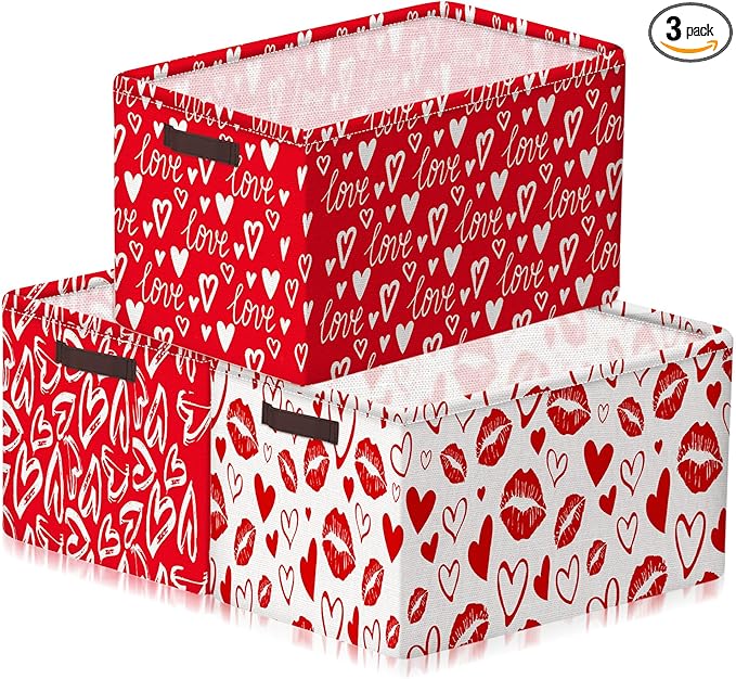 Geelin 3 Pcs Valentines Day Storage Baskets Red and White Heart Valentines Basket for Gifts Collapsible Waterproof Canvas Bin Organizer with Handles for Book Closet Shelf Nursery Decor