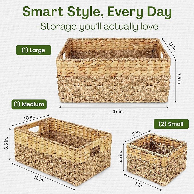 Wicker Basket Set of 4, Natural Seagrass and Hyacinth Nesting Storage Baskets with Handles for Organizing Shelves, Closet, Pantry, Living Room, Decorative Wicker Storage Baskets, 4 Pack