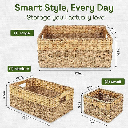 Wicker Basket Set of 4, Natural Seagrass and Hyacinth Nesting Storage Baskets with Handles for Organizing Shelves, Closet, Pantry, Living Room, Decorative Wicker Storage Baskets, 4 Pack