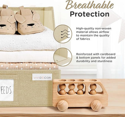 VIVIDECOR Open Front Closet Storage Bins 12x12x10 – Trapezoid Shelf Organizer, Easy Access Fabric Baskets for Clothes, Towels – Beige, 3 Pack