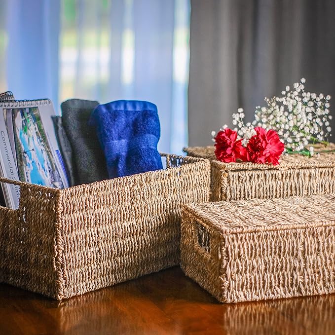 Trademark Innovations Set of 3 Rectangular Seagrass Baskets with Lids, Natural (Small)