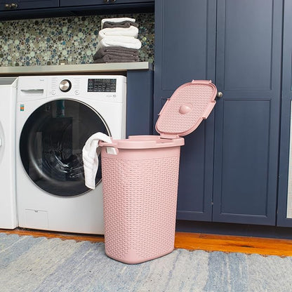 Mind Reader Slim Laundry Hamper with Lid, 60L Tall Clothes Basket, Narrow Tapered Design for Bathrooms, Closets and Laundry Rooms, Plastic, Pink