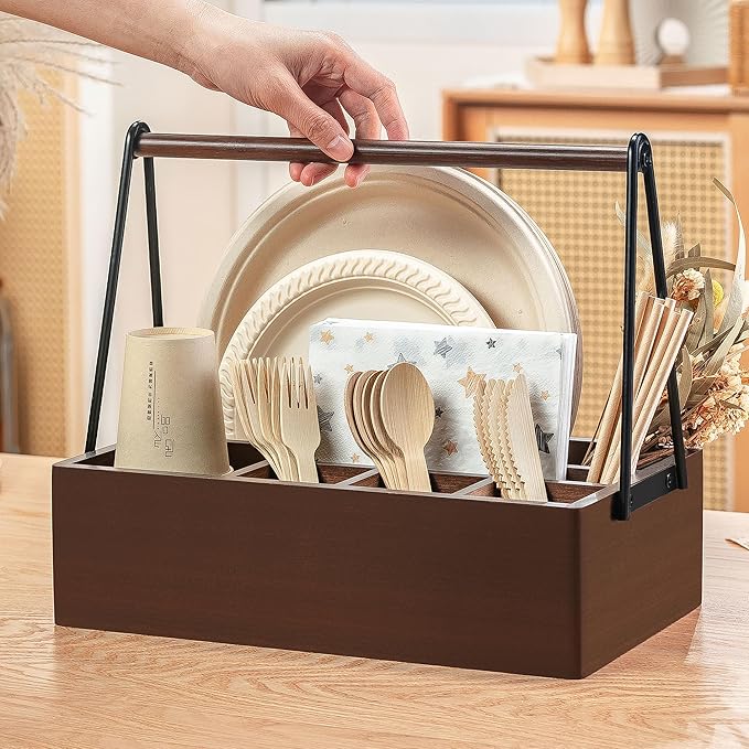 PTSTING Silverware Caddy with Handle Acacia Wood Utensil Holder Paper Plate Dispenser for Countertop Flatware Organizer Box for Spoons Forks Plates Cups Napkins
