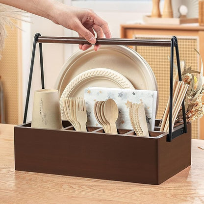 PTSTING Silverware Caddy with Handle Acacia Wood Utensil Holder Paper Plate Dispenser for Countertop Flatware Organizer Box for Spoons Forks Plates Cups Napkins