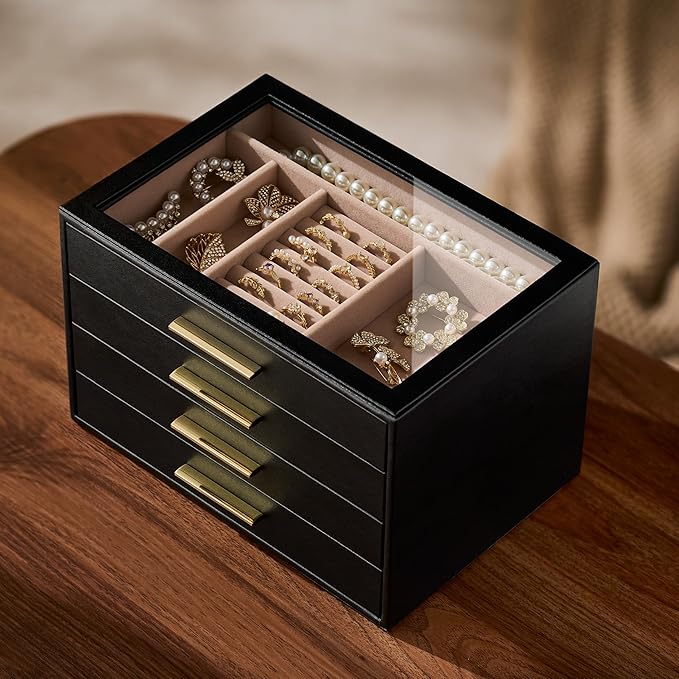 pickpiff Jewelry Box Organizer Case for Women: 4-Layer Jewelry Storage Case with Glass Window, Black Leather with Blush Velvet, Holder for Ring Necklace Bracelet Brooch Watch, Great Gift for Her