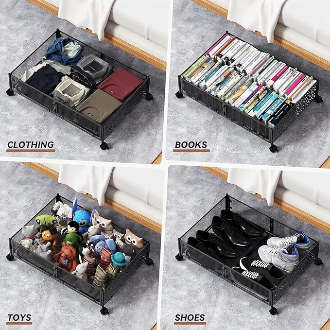 PHINOX Under Bed Storage, Under the Bed Storage Containers with Wheels, Under Bed Shoe Storage Organizer Drawer for Bedroom Clothes Shoes Blankets -4Pack