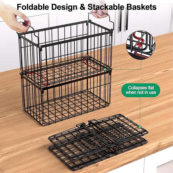 MSERCUOR Freezer Organizer Bins, 2 Pack Stackable Deep Chest Freezer Organizer Bins, Foldable Freezer Baskets with Handles, Black Freezer Storage Organizer Baskets for 5/ 7 Cu.FT Sort Frozen Meats