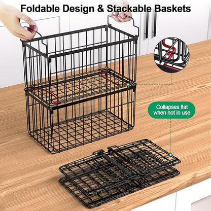 MSERCUOR Freezer Organizer Bins, 2 Pack Stackable Deep Chest Freezer Organizer Bins, Foldable Freezer Baskets with Handles, Black Freezer Storage Organizer Baskets for 5/ 7 Cu.FT Sort Frozen Meats