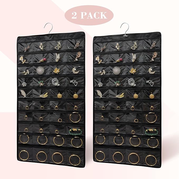 2 PACK (Each Pack 80 Pockets,Total 160 Pockets) Hanging Jewelry Organizer with Hanger Metal Hooks Storage On Wall Door Closet Double-Sided Jewelry Holder for Earrings, Necklaces, Rings (2 Pcs Black)
