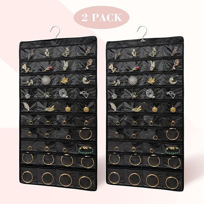 2 PACK (Each Pack 80 Pockets,Total 160 Pockets) Hanging Jewelry Organizer with Hanger Metal Hooks Storage On Wall Door Closet Double-Sided Jewelry Holder for Earrings, Necklaces, Rings (2 Pcs Black)