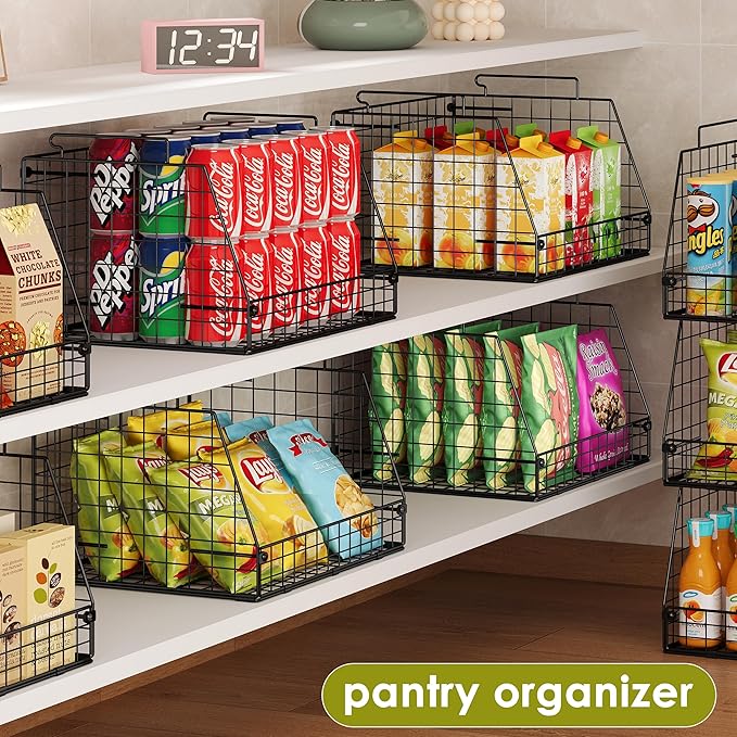 Jakyitvi Stackable Wire Baskets for Pantry,6 Pank Metal Pantry Organizer Storage Bins for Kitchen Snack, Fruit, Potato, Onion & Vegetable Storage, Wire Baskets for Pantry Organization