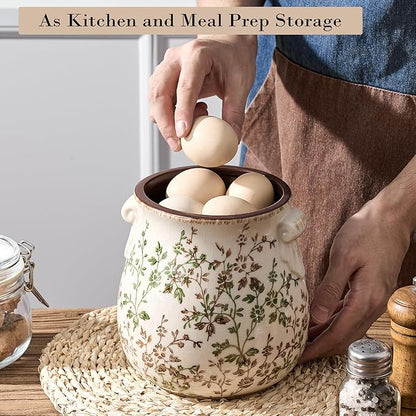 Utensil Holder for Kitchen Counter, Modern Farmhouse Rustic Cooking Utensil Holder and Crock, Exquisite Chinoiserie Floral Ceramic Utensil Organizer for Home Kitchen Decor- Green and Beige