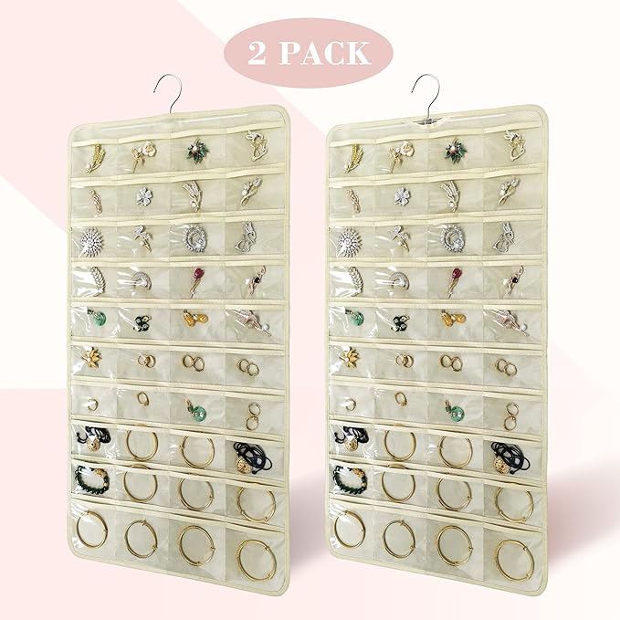 2 PACK(Total 160 Pockets) Hanging Jewelry Organizer with Hanger Metal Hooks Storage On Wall Door Closet Double-Sided(Each Side 40 Pockets) Jewelry Holder for Earrings, Necklaces, Rings (2 Pcs Beige)
