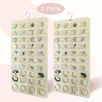 2 PACK(Total 160 Pockets) Hanging Jewelry Organizer with Hanger Metal Hooks Storage On Wall Door Closet Double-Sided(Each Side 40 Pockets) Jewelry Holder for Earrings, Necklaces, Rings (2 Pcs Beige)