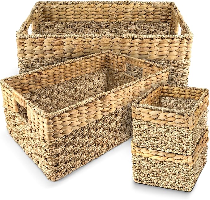 Wicker Basket Set of 4, Natural Seagrass and Hyacinth Nesting Storage Baskets with Handles for Organizing Shelves, Closet, Pantry, Living Room, Decorative Wicker Storage Baskets, 4 Pack