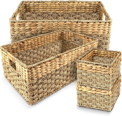 Wicker Basket Set of 4, Natural Seagrass and Hyacinth Nesting Storage Baskets with Handles for Organizing Shelves, Closet, Pantry, Living Room, Decorative Wicker Storage Baskets, 4 Pack