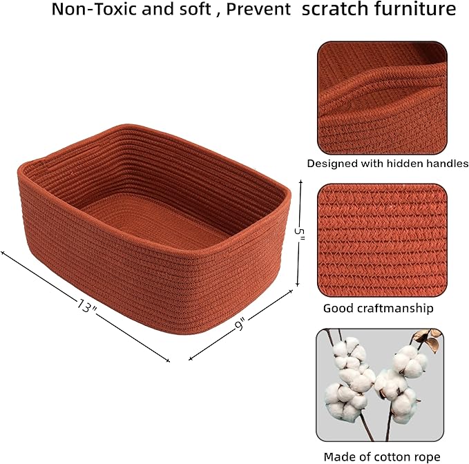 XUANGUO Small Woven Storage Baskets 13“X9”X5“ Decorative Rope Bins for Organizing Shelves, Closets, and Toys, Empty Gift Baskets, Cute Organizer Basket for Home and Office (rustic, Large)