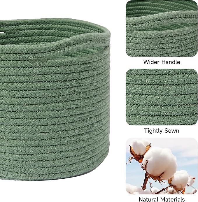 MiniArk Small Basket for Organizing | Cube Shelf Closet Storage Baskets | 9.7×9.7×7.1” | Woven Rope Gift Basket | Nursery | Round 3 Packs Green