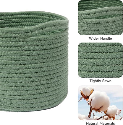 MiniArk Small Basket for Organizing | Cube Shelf Closet Storage Baskets | 9.7×9.7×7.1” | Woven Rope Gift Basket | Nursery | Round 3 Packs Green