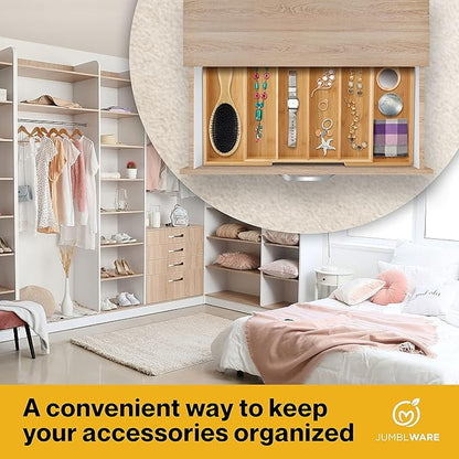 JumblWare Bamboo Expandable Drawer Organizer. Wooden Storage Tray with Dividers for Silverware, Kitchen Utensils, Spices, K Cups, Small Clothes & Makeup. Adjustable Sliding Design from 13” to 19.6”