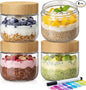 6oz Glass Jars with Airtight Lids - 4 Pack Overnight Oats Containers with Bamboo Lids, Small Food Containers with Measurement for Yogurt, Salad, Chia, Wide Mouth Mason Jar with Lid for Food Storage